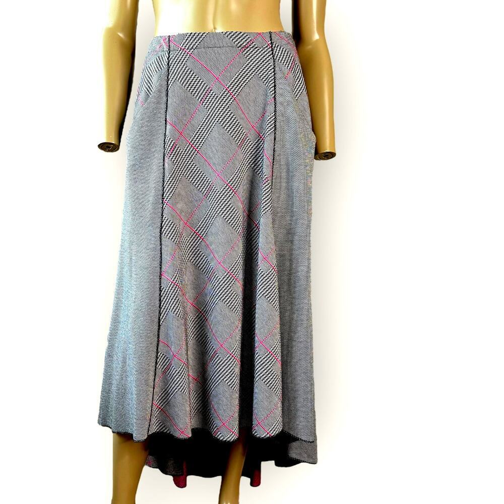 Cato Plaid Flare Midi Skirt Size M Gray Pink High Low Stretchy Ponte Knit Pullon